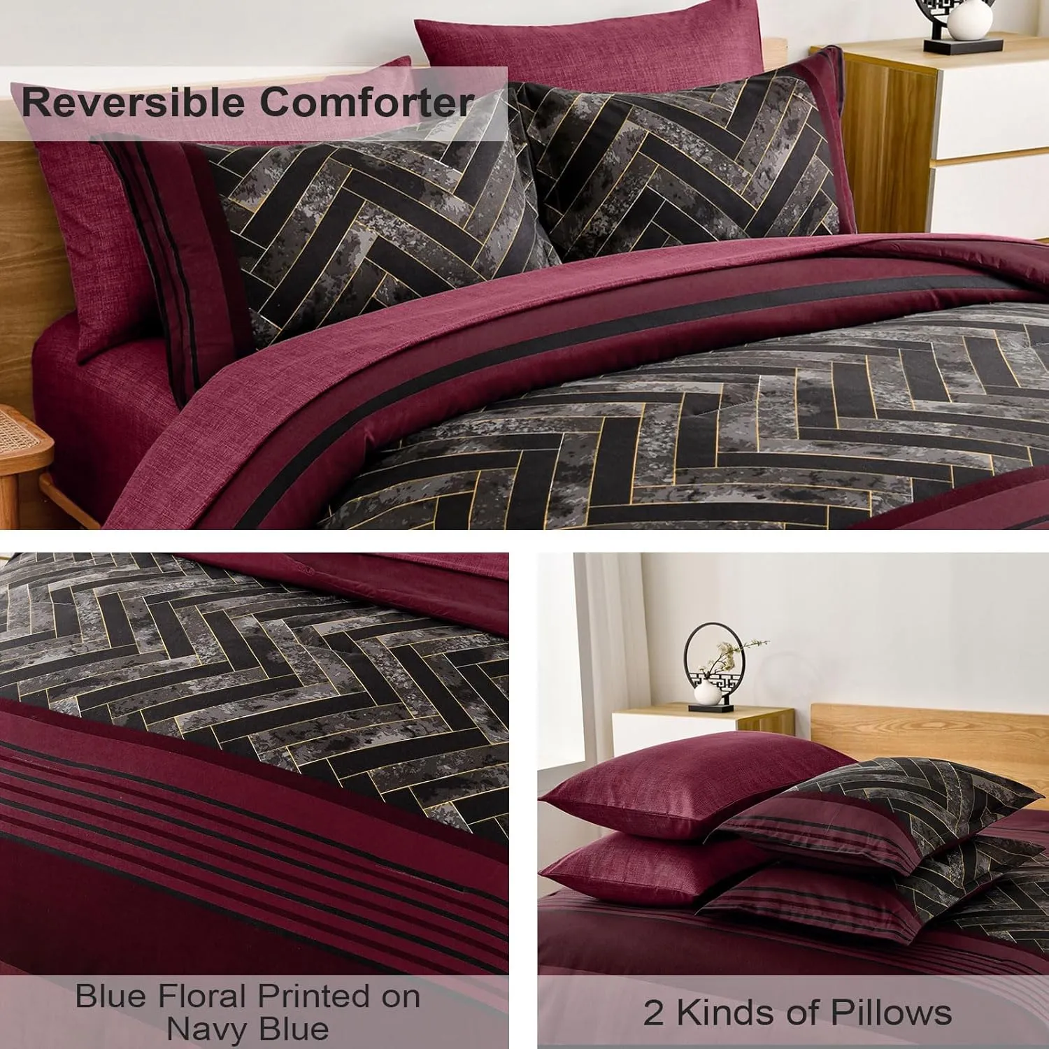 Luxudecor Burgundy Comforter Set King Size 7 Pieces Red and Black Stripe Bed in a Bag Geometric Comforter and Sheet Set, Soft Microfiber Complete Bedding Sets for All Seasons