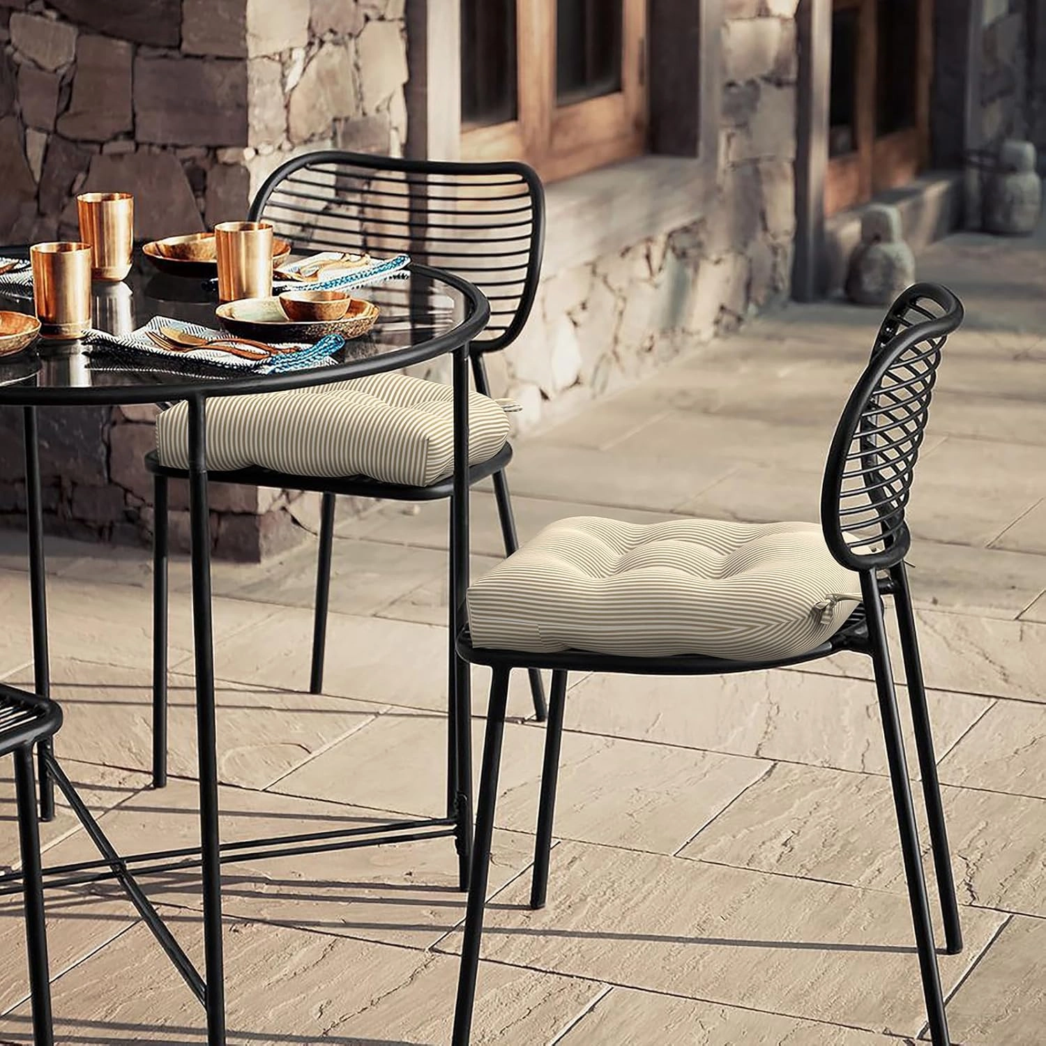 LVTXIII Outdoor Seat Cushions Seasonal Tufted Chair Cushions, Patio Chair Pads for Dining Chairs, Office Armchairs and Garden Furniture Decoration (Round Back, 19”x19”x4”, Stripe Beige, 2 Pack)