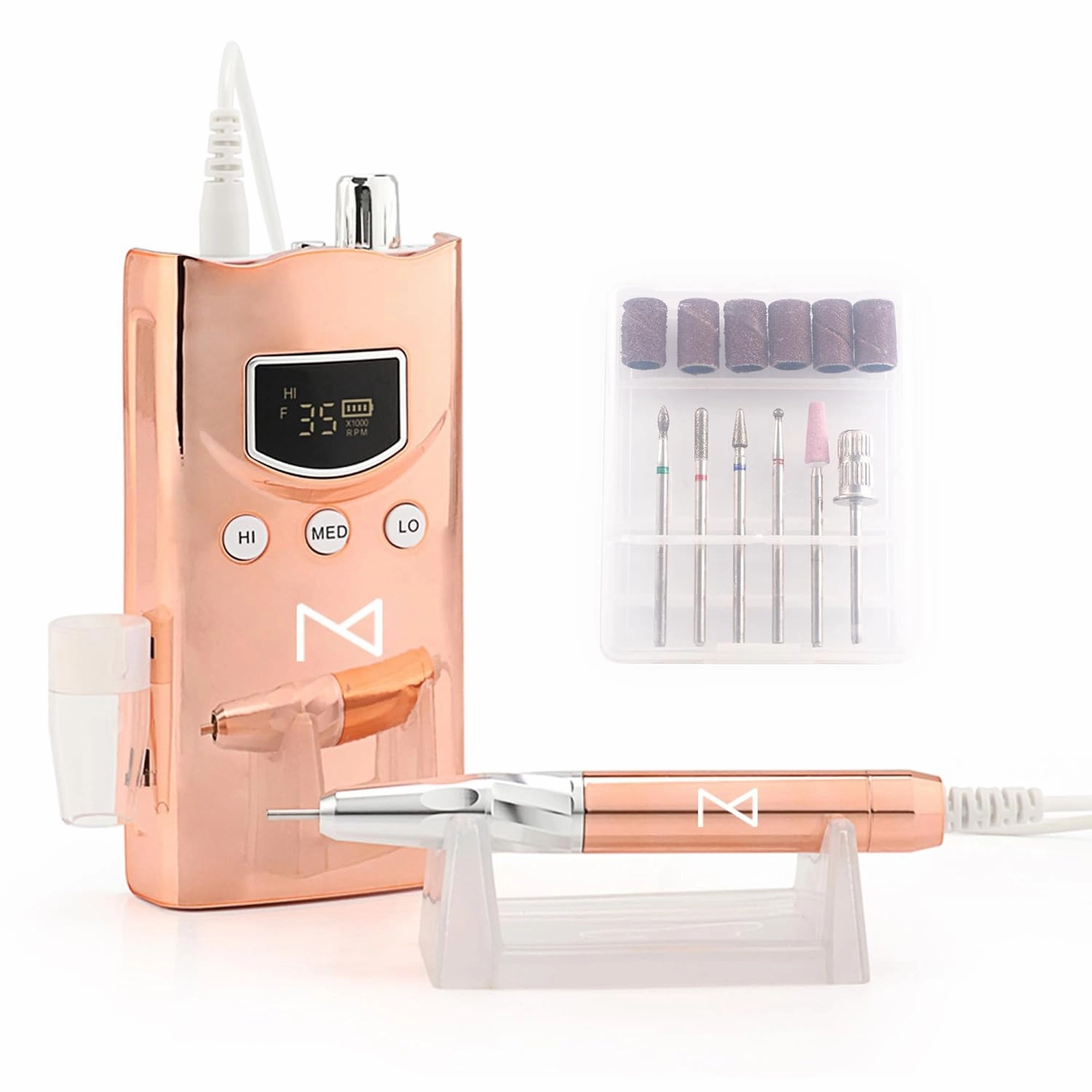 M GEM Drill for Nails - Professional Brushless 35k RPM Nail Drill Rechargeable E-File - 3 Adjustable RPM Zones, Forward/Reverse, Long Battery Life - Salon-Grade Nail Care Tool (Metallic Rose Gold)
