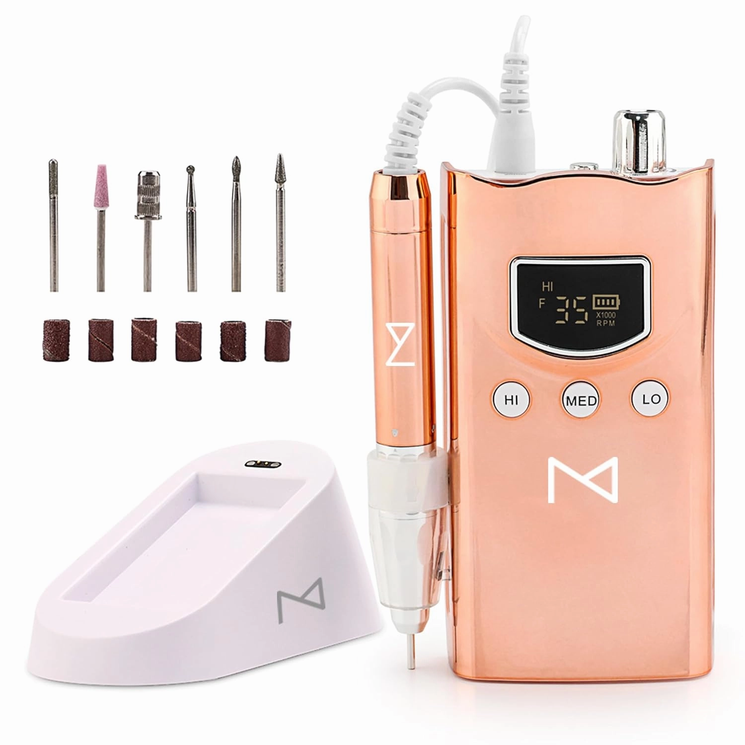 M GEM Drill for Nails - Professional Brushless 35k RPM Nail Drill Rechargeable E-File - 3 Adjustable RPM Zones, Forward/Reverse, Long Battery Life - Salon-Grade Nail Care Tool (Metallic Rose Gold)