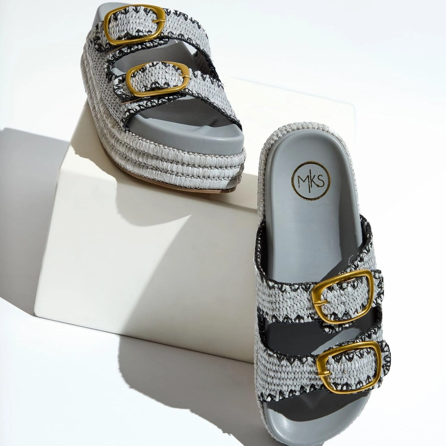 Maker's Shoes - MKS Clara Platform Sandals, Double Buckle Espadrille Wedges, Metallic Woven Design