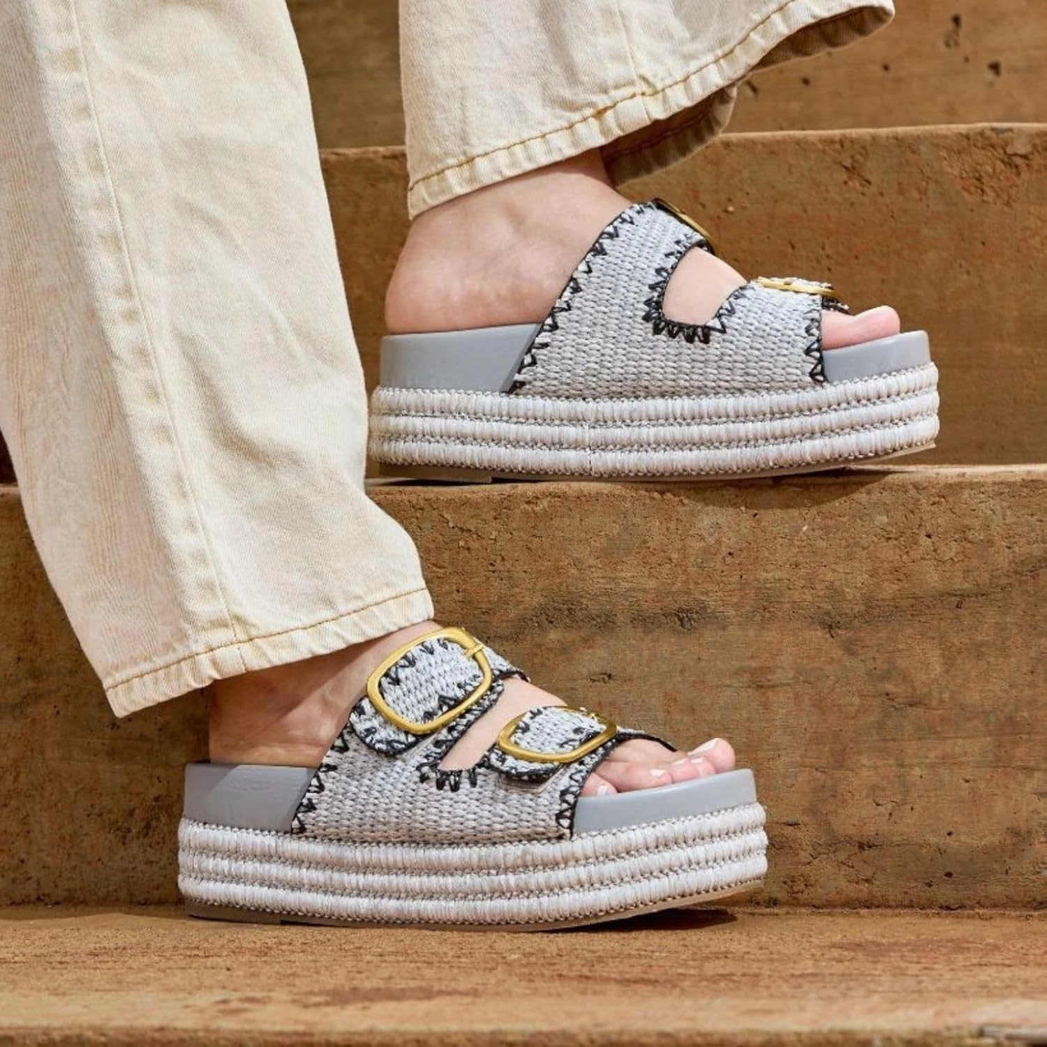 Maker's Shoes - MKS Clara Platform Sandals, Double Buckle Espadrille Wedges, Metallic Woven Design