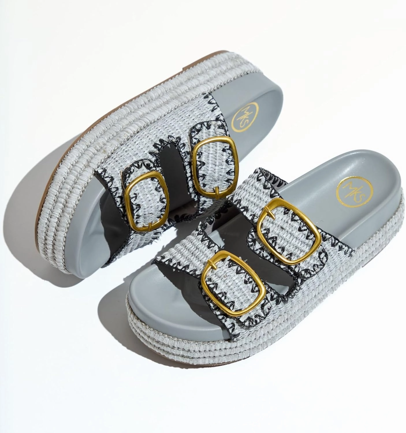 Maker's Shoes - MKS Clara Platform Sandals, Double Buckle Espadrille Wedges, Metallic Woven Design