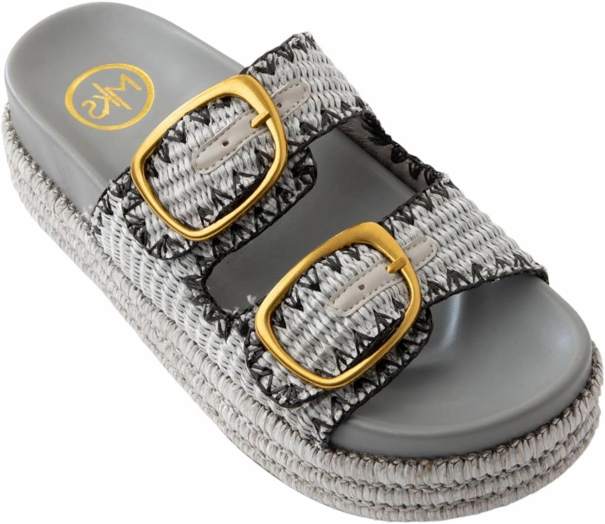 Maker's Shoes - MKS Clara Platform Sandals, Double Buckle Espadrille Wedges, Metallic Woven Design