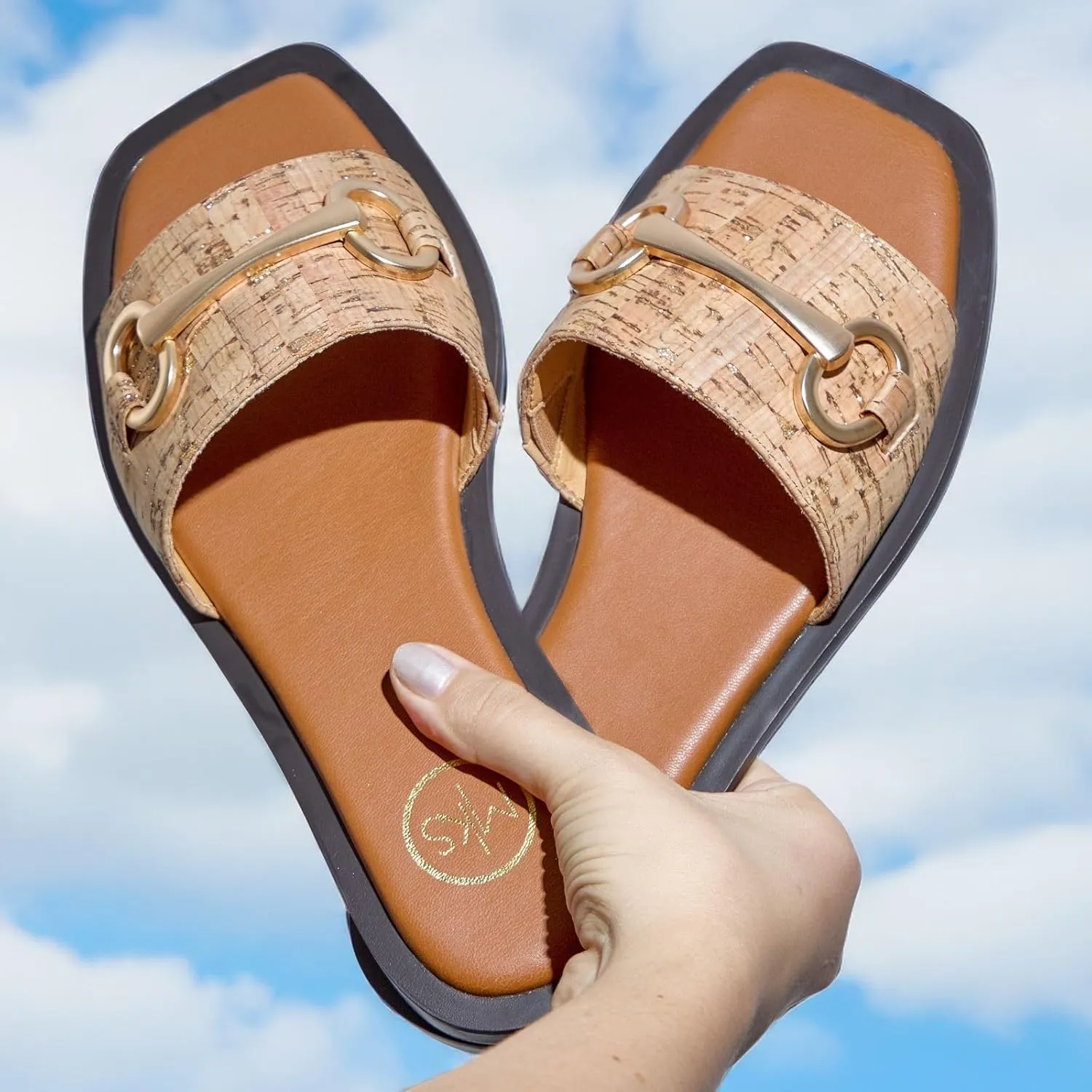Maker's Shoes - Women's Flat Slide Sandals, Comfortable Square Open Toe, Slip On Leather With Gold Hardware Design