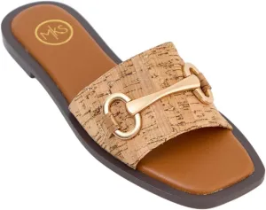 Maker's Shoes - Women's Flat Slide Sandals, Comfortable Square Open Toe, Slip On Leather With Gold Hardware Design