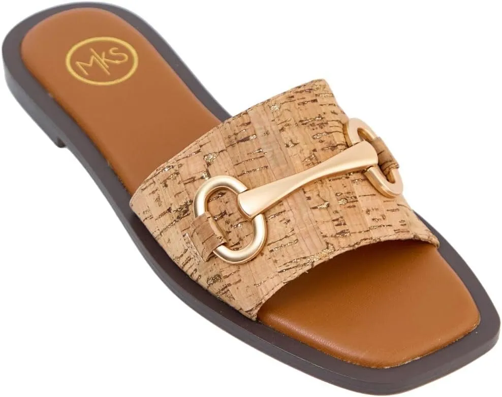 Maker's Shoes - Women's Flat Slide Sandals, Comfortable Square Open Toe, Slip On Leather With Gold Hardware Design