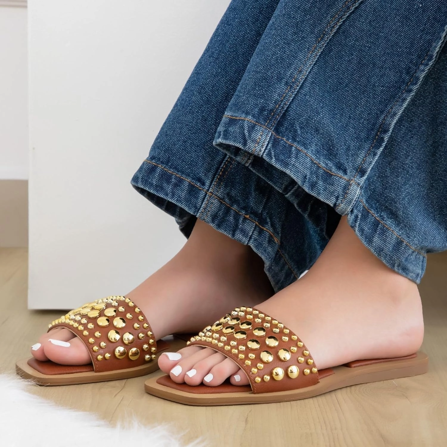 MAKERS SHOES GIA 1 Studded Slide Sandals, Women's Flat Slip-On Sandals with Gold and Silver Metallic Accents, Brown,Black and Clear