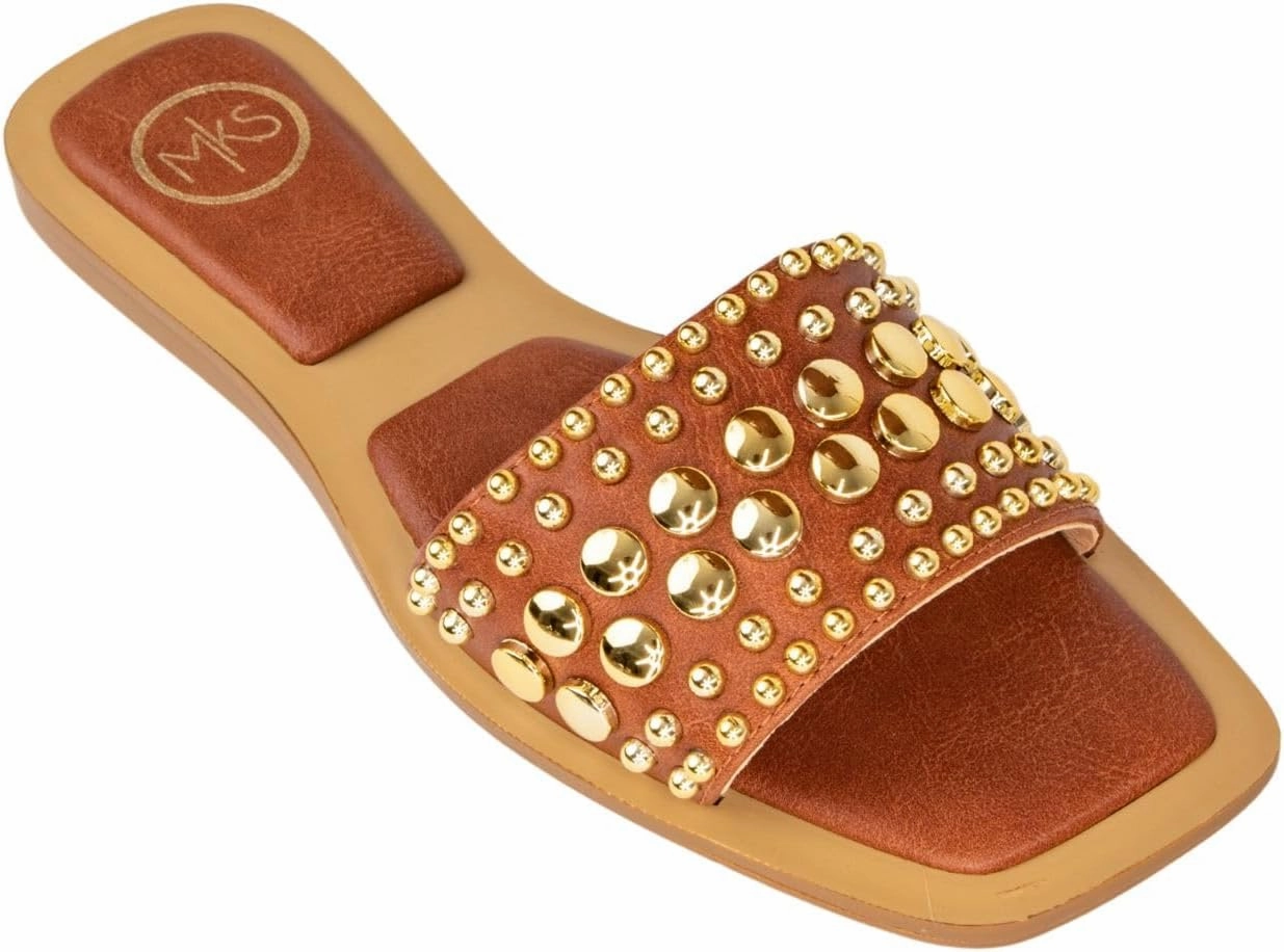 MAKERS SHOES GIA 1 Studded Slide Sandals, Women's Flat Slip-On Sandals with Gold and Silver Metallic Accents, Brown,Black and Clear