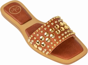 MAKERS SHOES GIA 1 Studded Slide Sandals, Women's Flat Slip-On Sandals with Gold and Silver Metallic Accents, Brown,Black and Clear