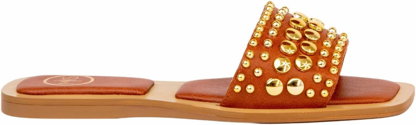 MAKERS SHOES GIA 1 Studded Slide Sandals, Women's Flat Slip-On Sandals with Gold and Silver Metallic Accents, Brown,Black and Clear