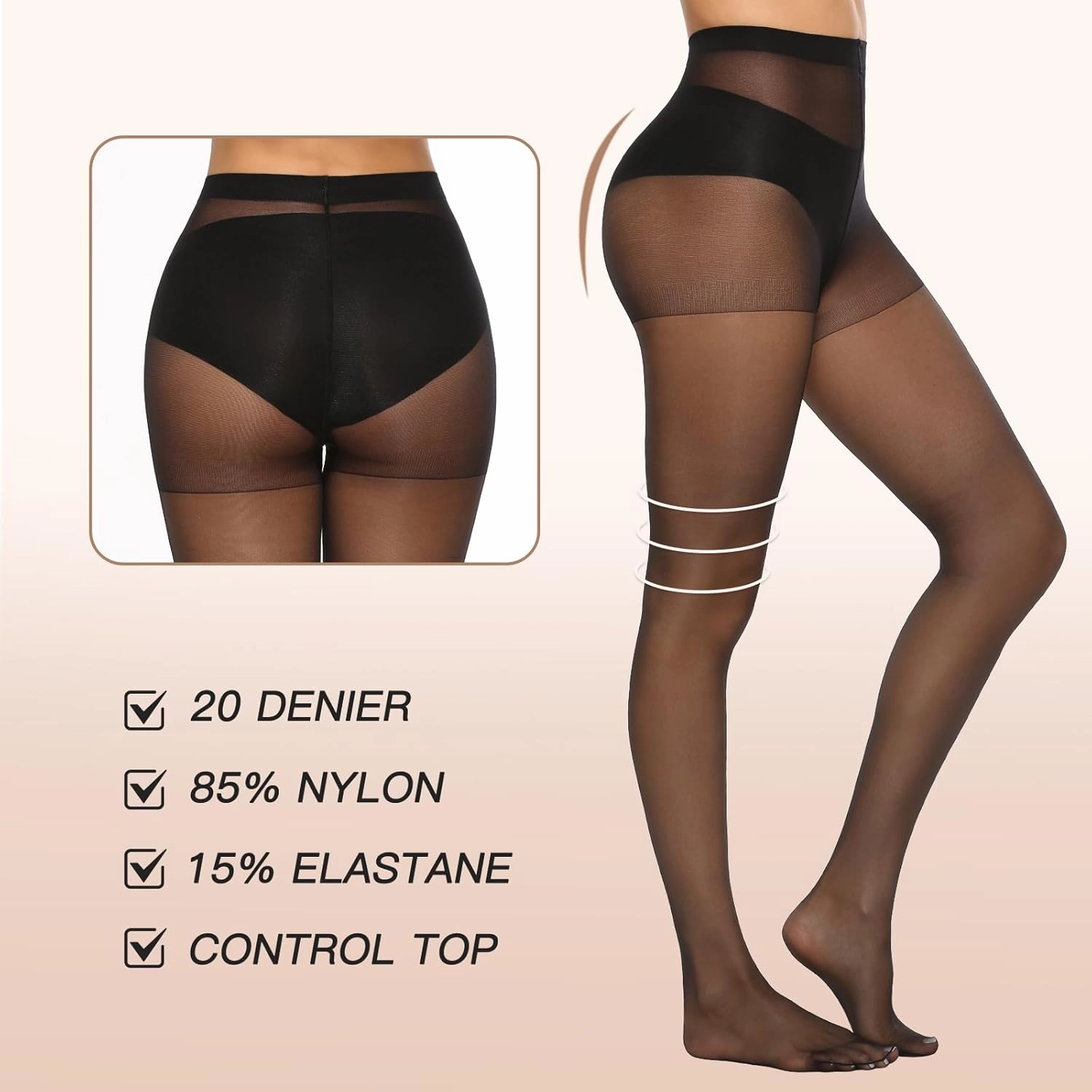 MANZI 6 Pairs 20D Women's Sheer Tights Ultra Thin High Waist Pantyhose Thigh Stockings