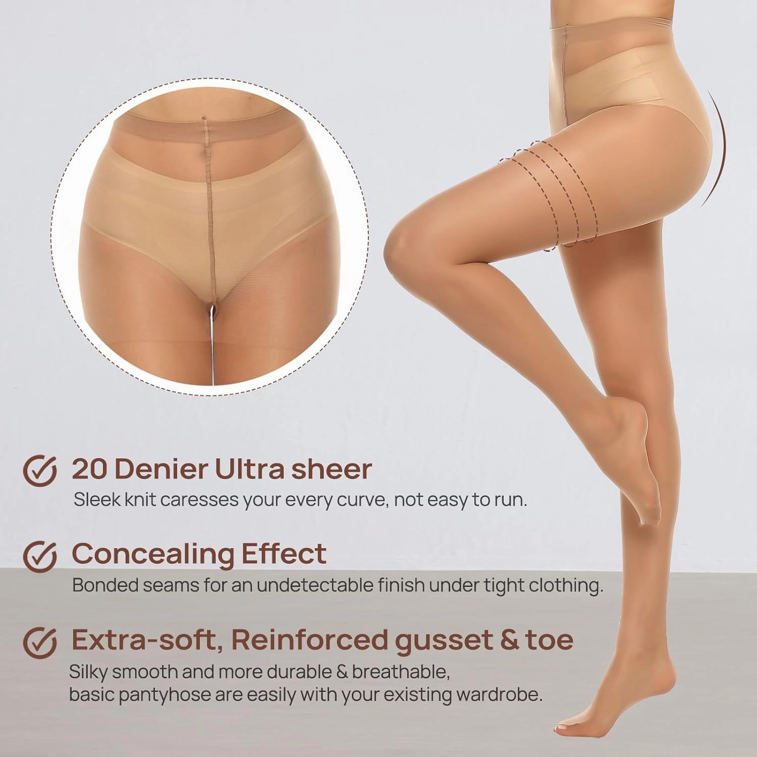 MANZI 6 Pairs Women's 20D Sheer Silky Pantyhose Run Resistant Nylon Tights High Waist Stockings with Control Top