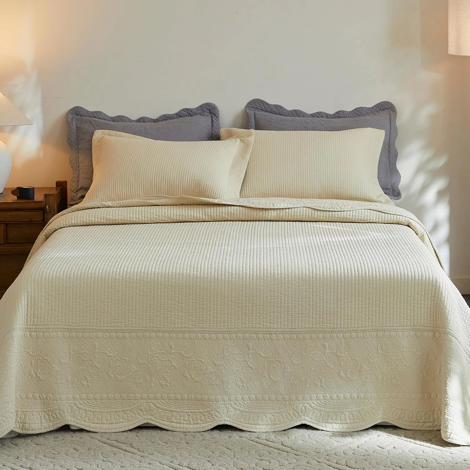 MarCielo 3-Piece 100% Cotton Oversized Bedspread Lightweight Quilt Coverlet Embroidery Farmhouse Bedding Set (TG Khaki Beige, King (118"x106"))