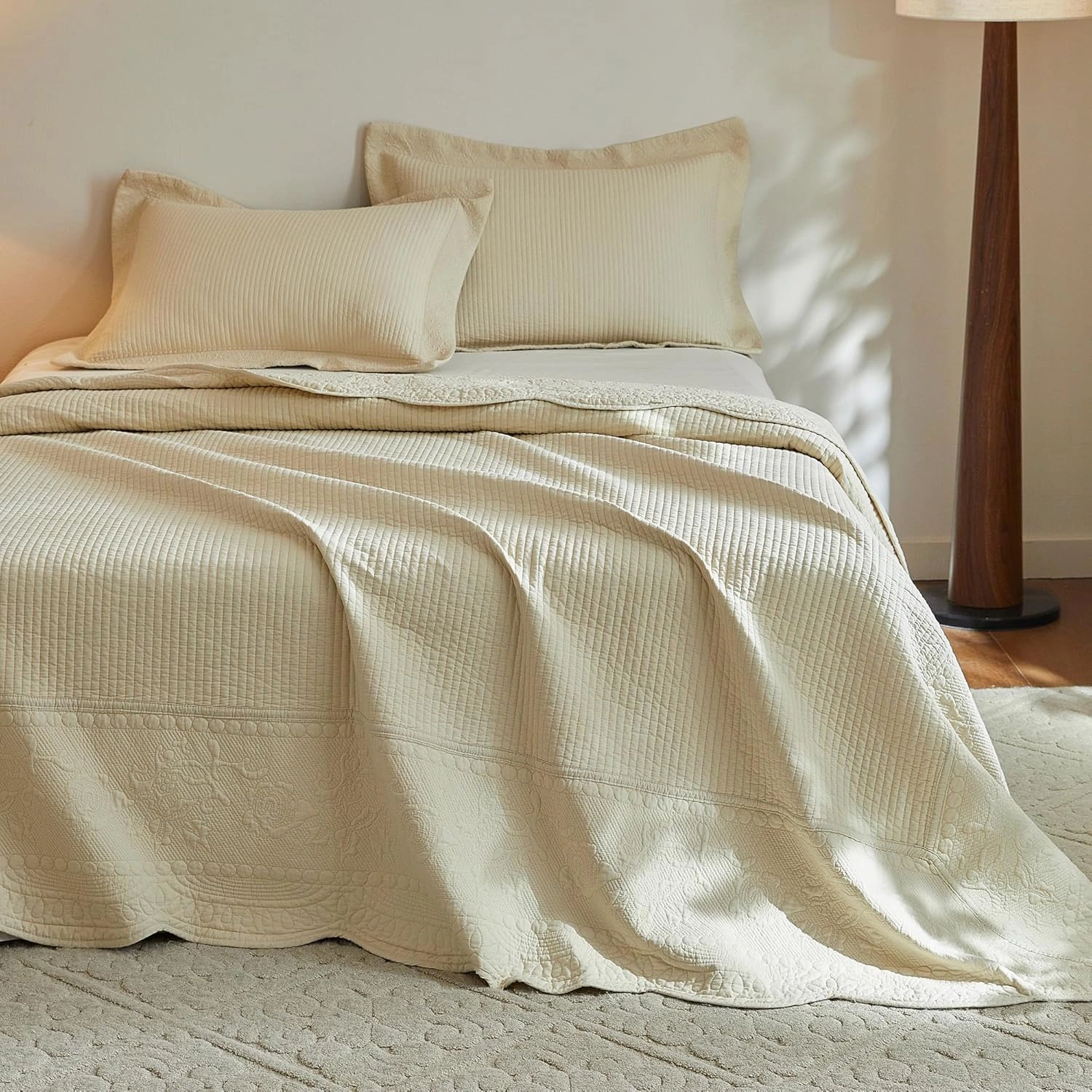 MarCielo 3-Piece 100% Cotton Oversized Bedspread Lightweight Quilt Coverlet Embroidery Farmhouse Bedding Set (TG Khaki Beige, King (118"x106"))