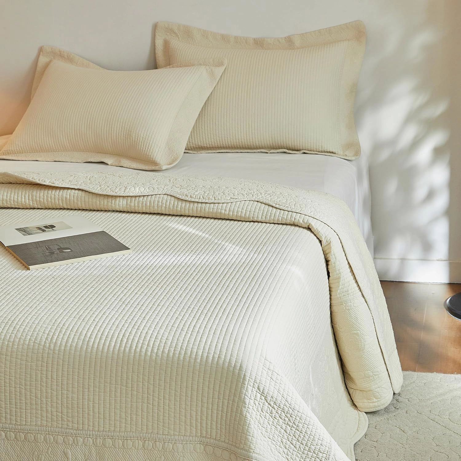 MarCielo 3-Piece 100% Cotton Oversized Bedspread Lightweight Quilt Coverlet Embroidery Farmhouse Bedding Set (TG Khaki Beige, King (118"x106"))