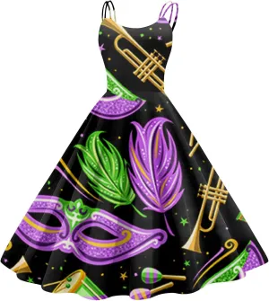 Mardi Gras Dress for Women Carnival Print Sexy Spaghetti Strap Cocktail Punk Vintage A-Line Swing Midi Dresses