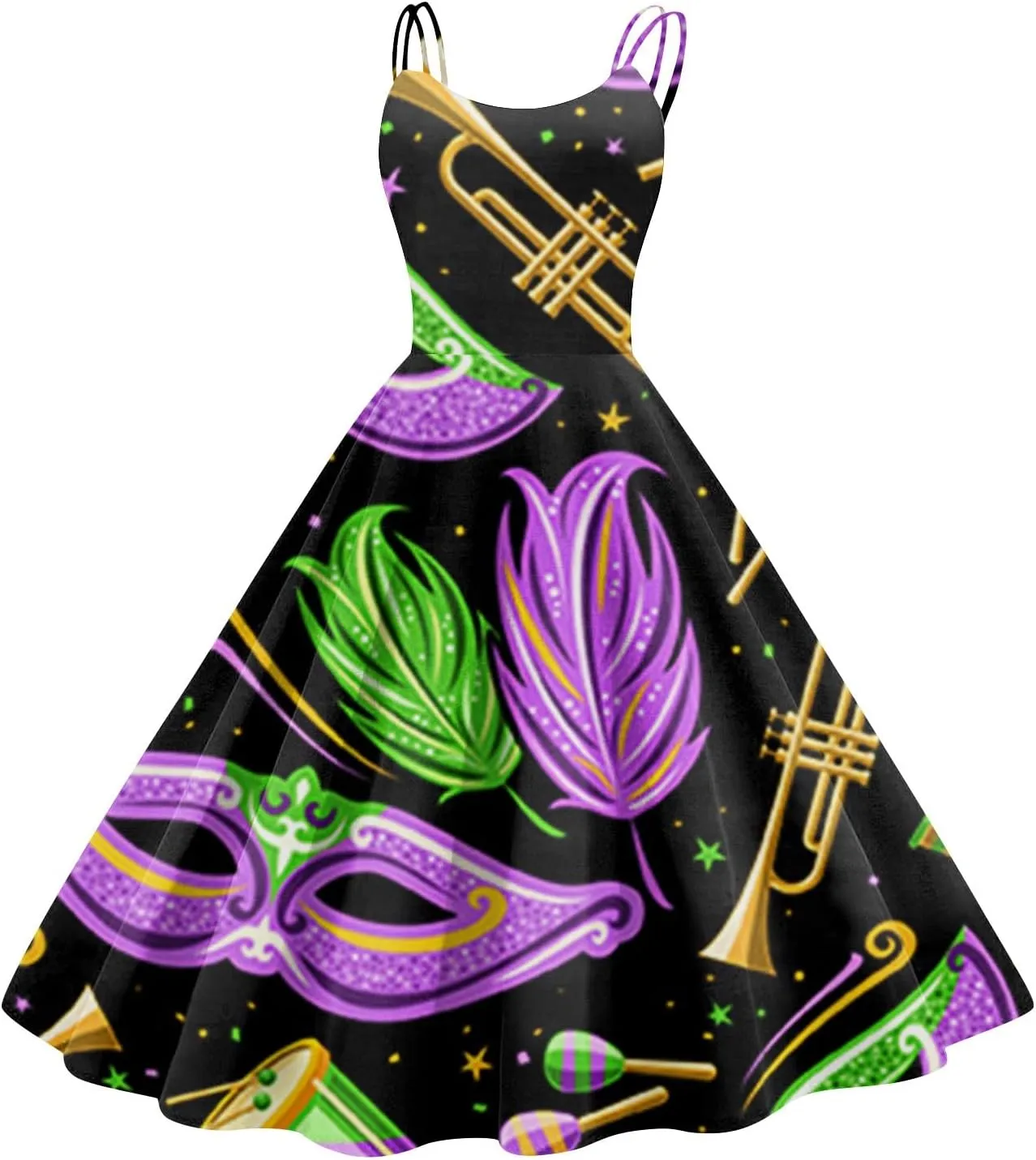Mardi Gras Dress for Women Carnival Print Sexy Spaghetti Strap Cocktail Punk Vintage A-Line Swing Midi Dresses
