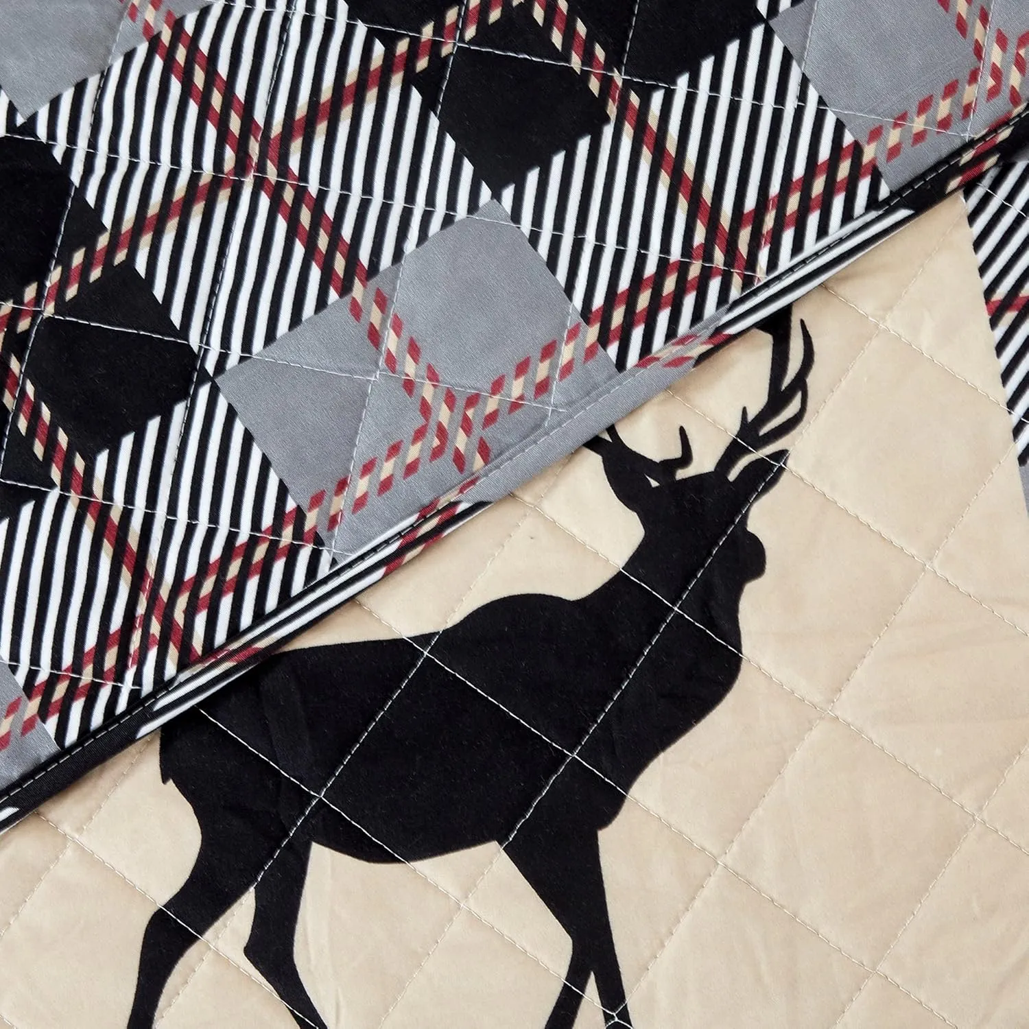 Market & Place 2 Piece Reversible Quilt Set with Sham | All-Season Soft & Lightweight Bedspread | Rustic Lodge Cabin Plaid Patchwork Design | Everest Collection (Twin, Grey/Taupe)