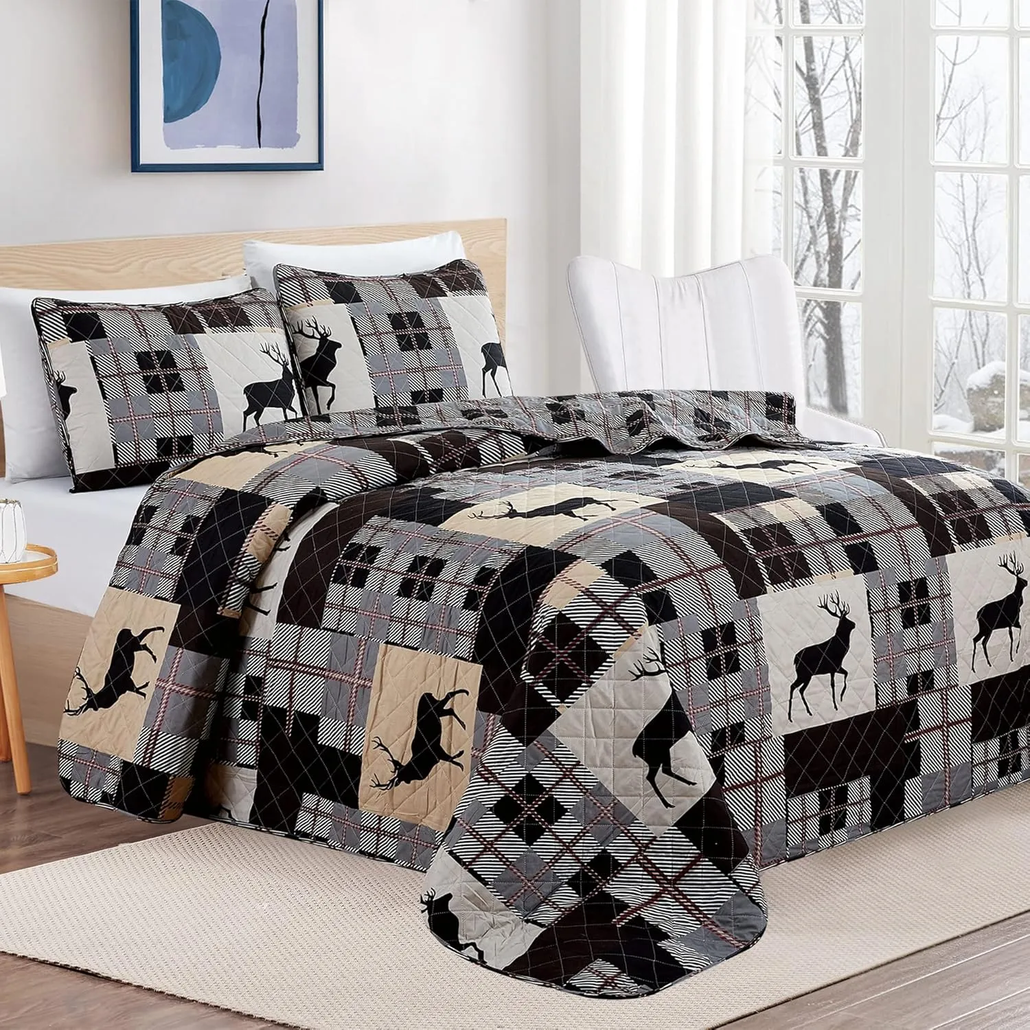 Market & Place 2 Piece Reversible Quilt Set with Sham | All-Season Soft & Lightweight Bedspread | Rustic Lodge Cabin Plaid Patchwork Design | Everest Collection (Twin, Grey/Taupe)