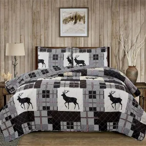Market & Place 2 Piece Reversible Quilt Set with Sham | All-Season Soft & Lightweight Bedspread | Rustic Lodge Cabin Plaid Patchwork Design | Everest Collection (Twin, Grey/Taupe)