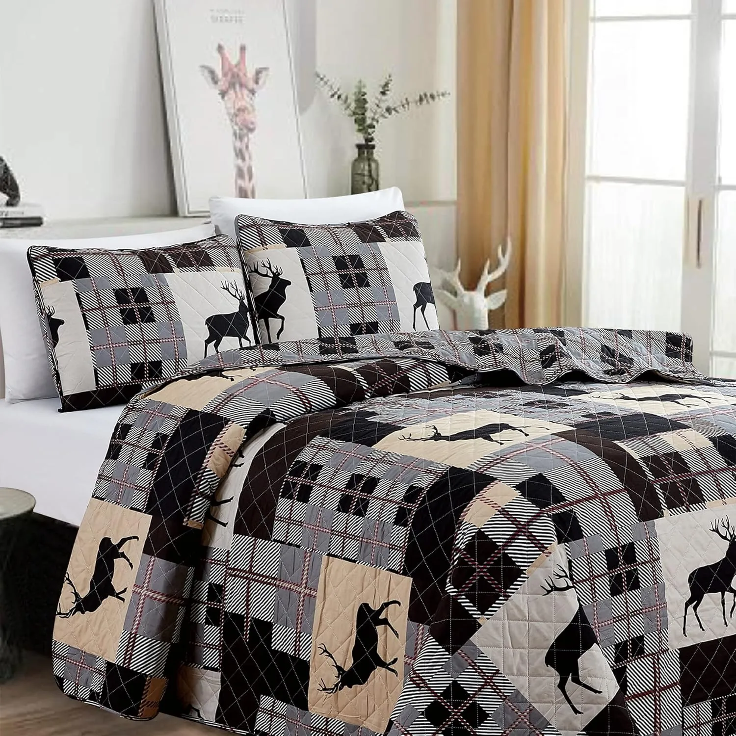 Market & Place 2 Piece Reversible Quilt Set with Sham | All-Season Soft & Lightweight Bedspread | Rustic Lodge Cabin Plaid Patchwork Design | Everest Collection (Twin, Grey/Taupe)