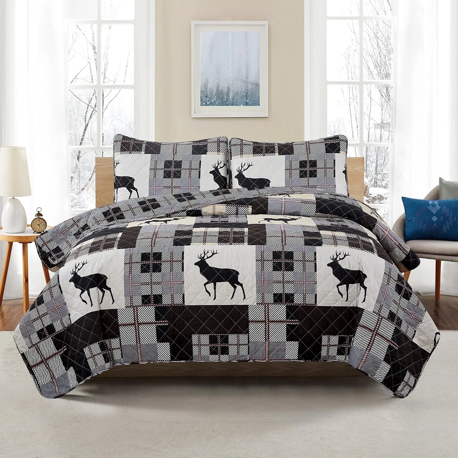 Market & Place 2 Piece Reversible Quilt Set with Sham | All-Season Soft & Lightweight Bedspread | Rustic Lodge Cabin Plaid Patchwork Design | Everest Collection (Twin, Grey/Taupe)