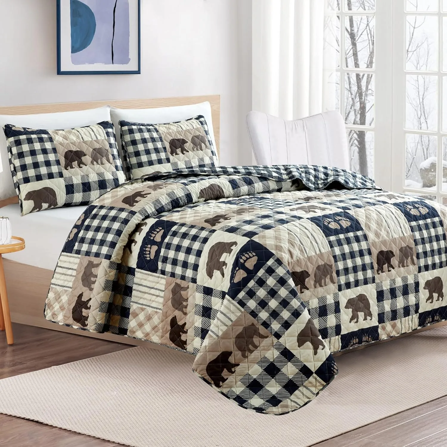 Market & Place 3 Piece Reversible Quilt Set with Sham | Queen Cabin Comforter Set | Rustic Bear Buffalo Check Lodge Bedding | Orson Collection (Full/Queen, Navy/Taupe)