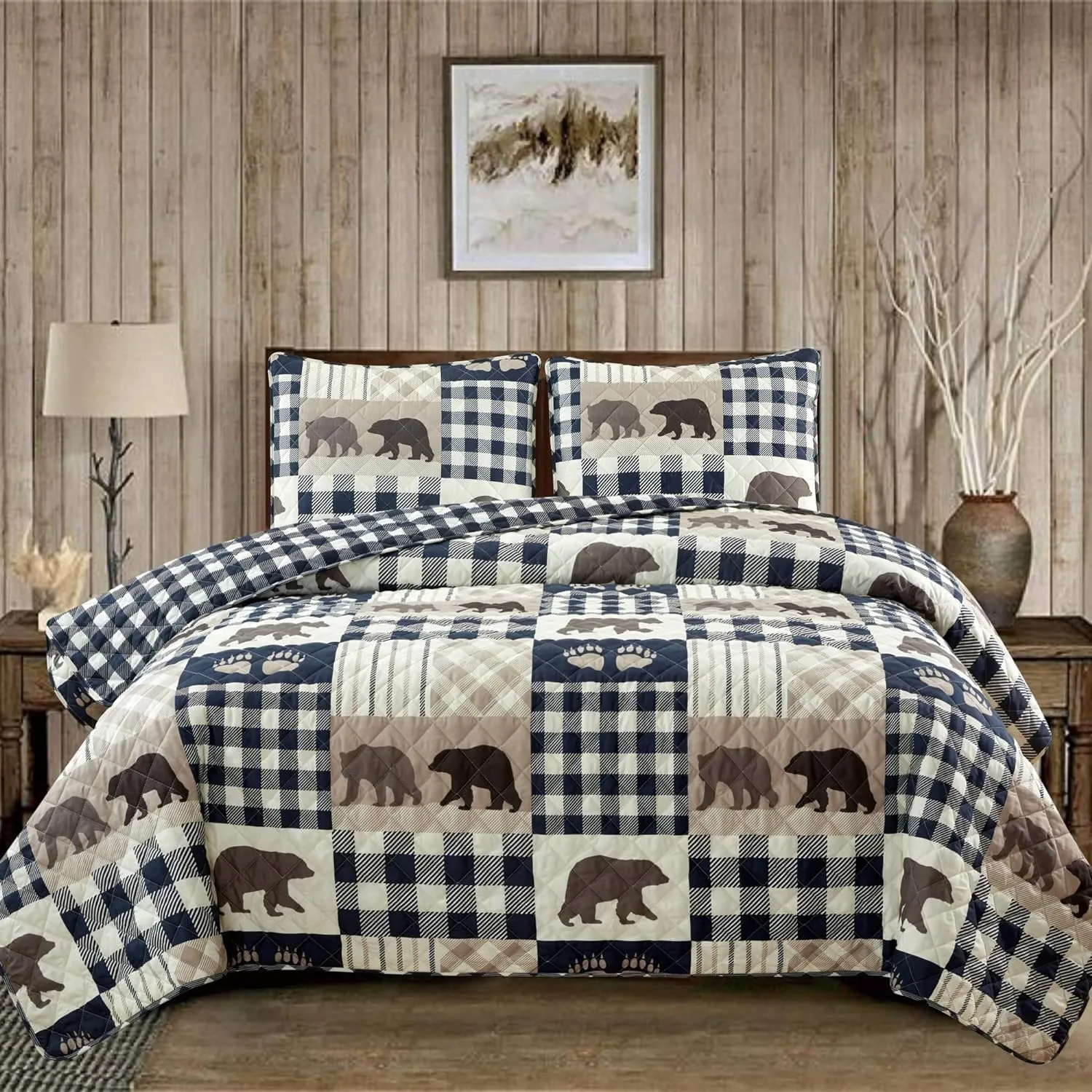 Market & Place 3 Piece Reversible Quilt Set with Sham | Queen Cabin Comforter Set | Rustic Bear Buffalo Check Lodge Bedding | Orson Collection (Full/Queen, Navy/Taupe)