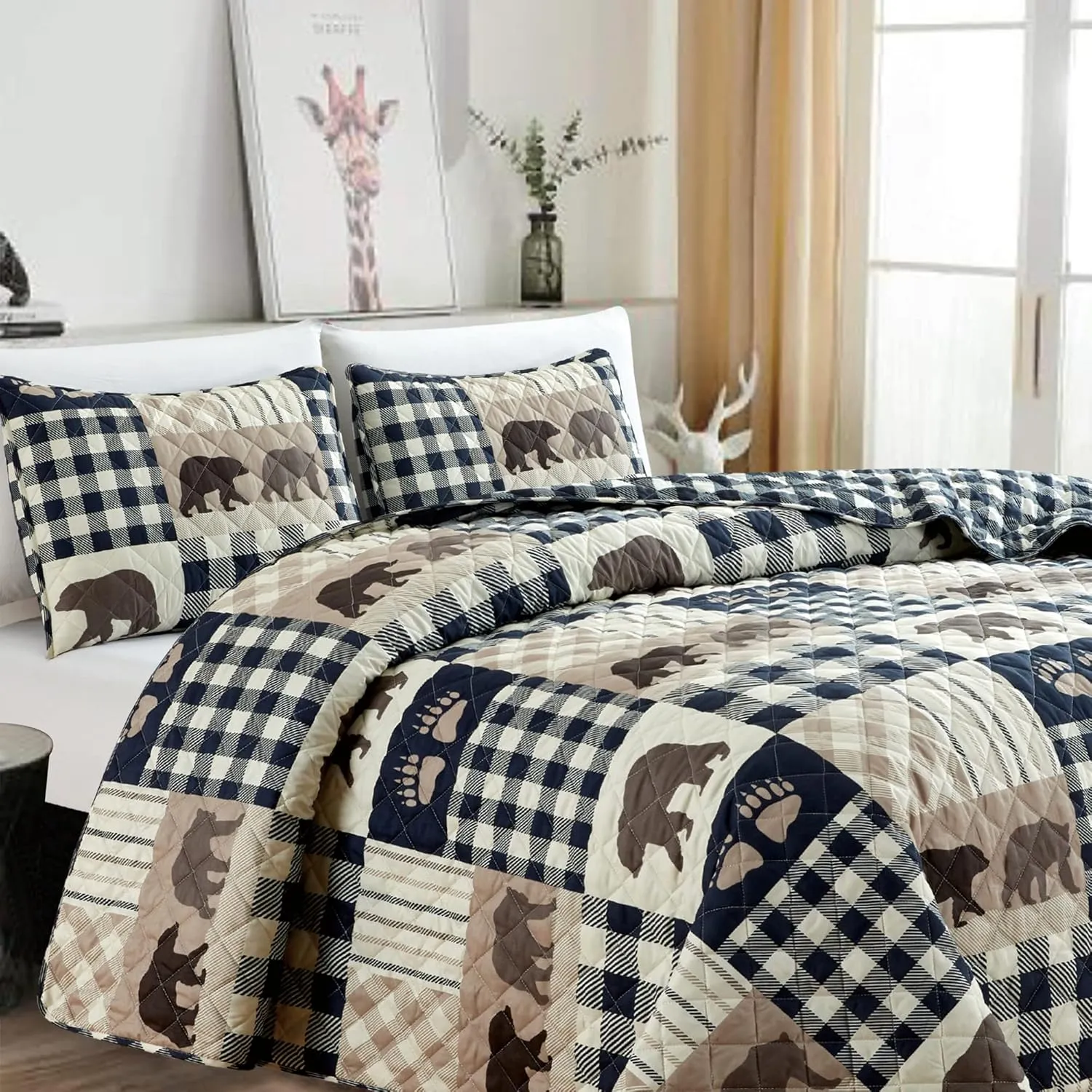Market & Place 3 Piece Reversible Quilt Set with Sham | Queen Cabin Comforter Set | Rustic Bear Buffalo Check Lodge Bedding | Orson Collection (Full/Queen, Navy/Taupe)