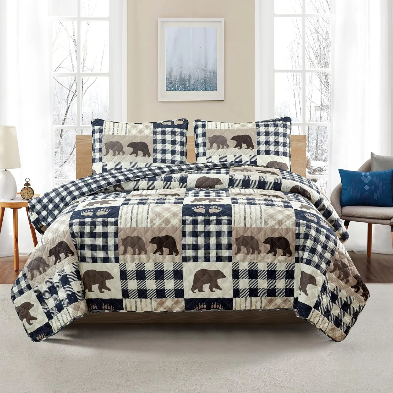 Market & Place 3 Piece Reversible Quilt Set with Sham | Queen Cabin Comforter Set | Rustic Bear Buffalo Check Lodge Bedding | Orson Collection (Full/Queen, Navy/Taupe)
