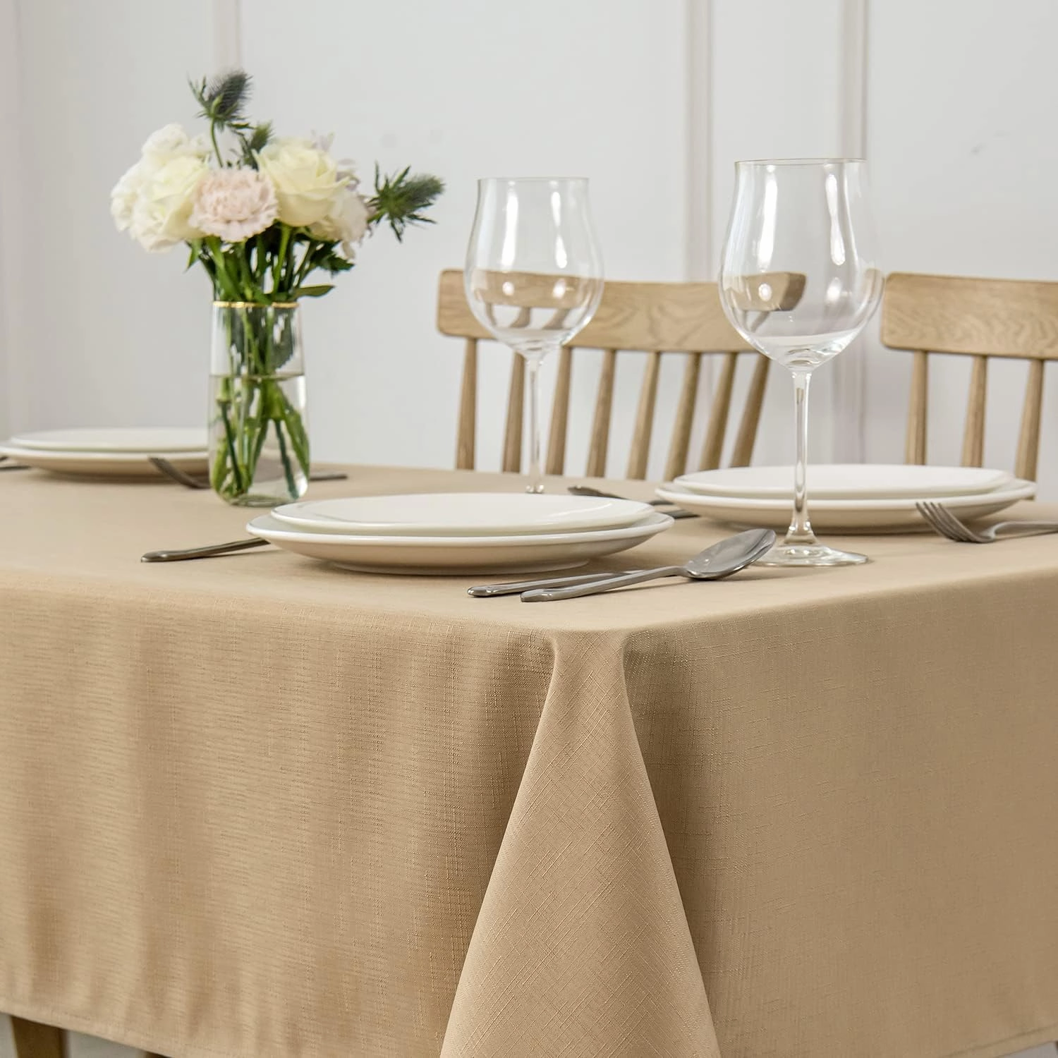maxmill Square Tablecloth Slubby Texture Waterproof Wrinkle Resistant Washable Soft Table Cloth, Decorative Fabric Table Cover for Dining Room Dinner and Parties, 52 x 52 Inch, Beige