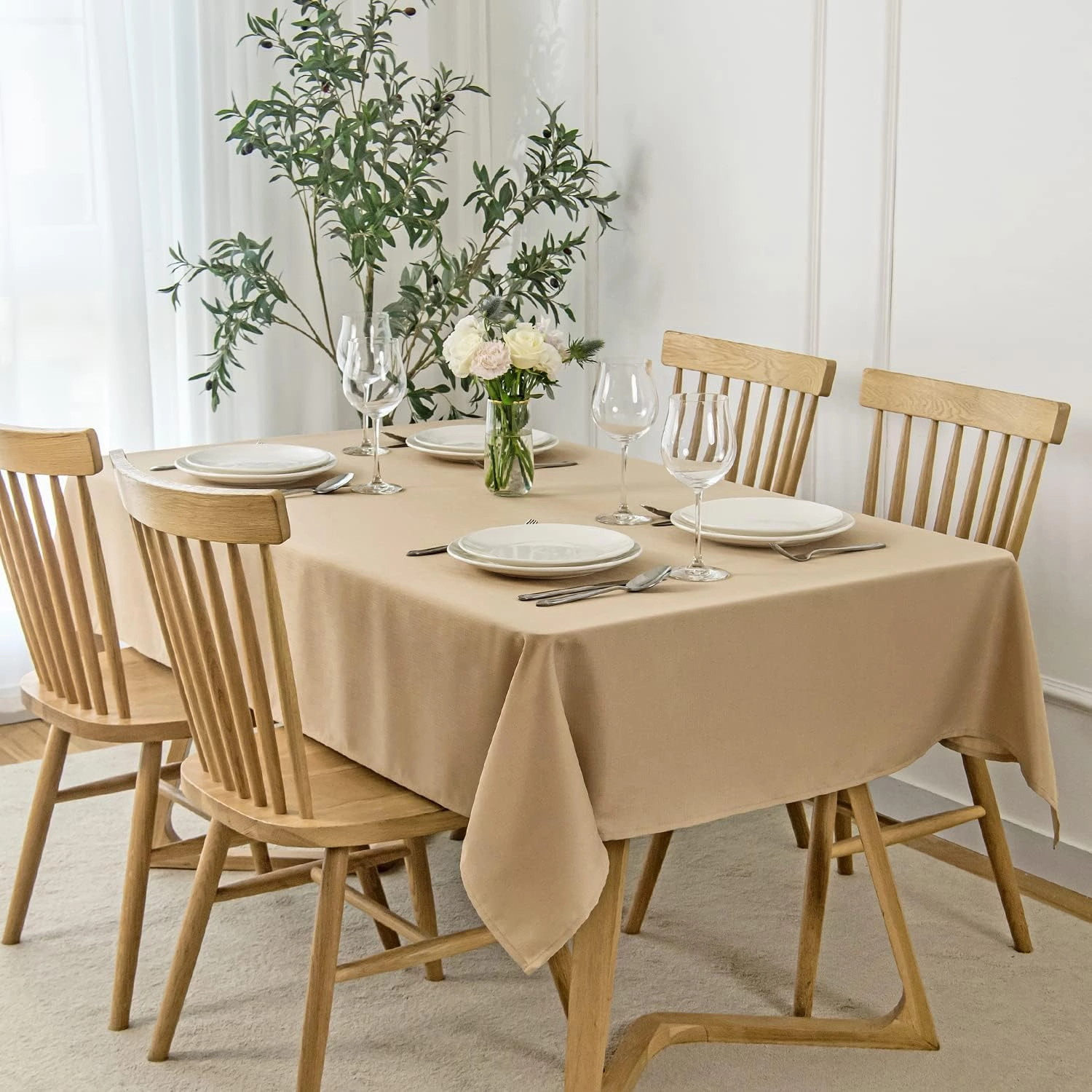 maxmill Square Tablecloth Slubby Texture Waterproof Wrinkle Resistant Washable Soft Table Cloth, Decorative Fabric Table Cover for Dining Room Dinner and Parties, 52 x 52 Inch, Beige