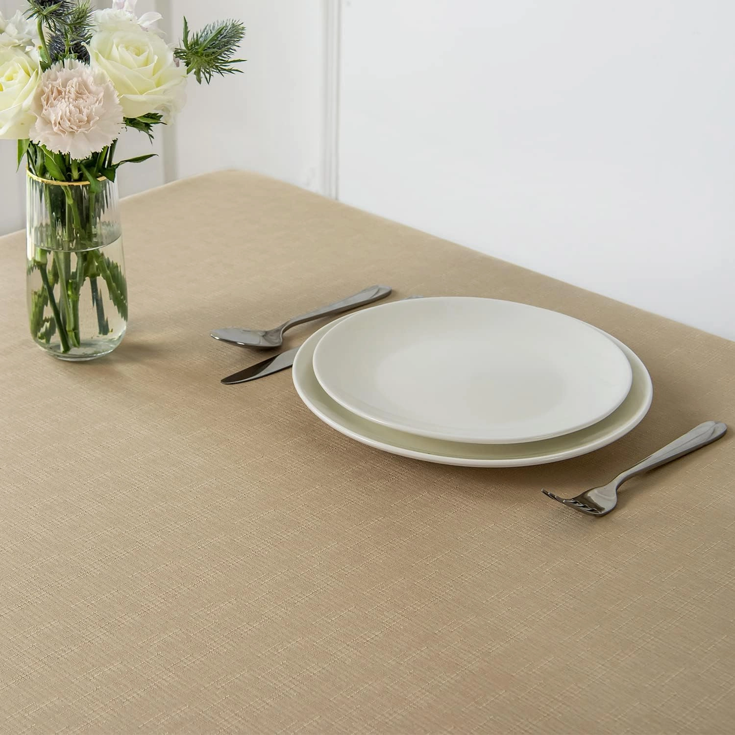 maxmill Square Tablecloth Slubby Texture Waterproof Wrinkle Resistant Washable Soft Table Cloth, Decorative Fabric Table Cover for Dining Room Dinner and Parties, 52 x 52 Inch, Beige