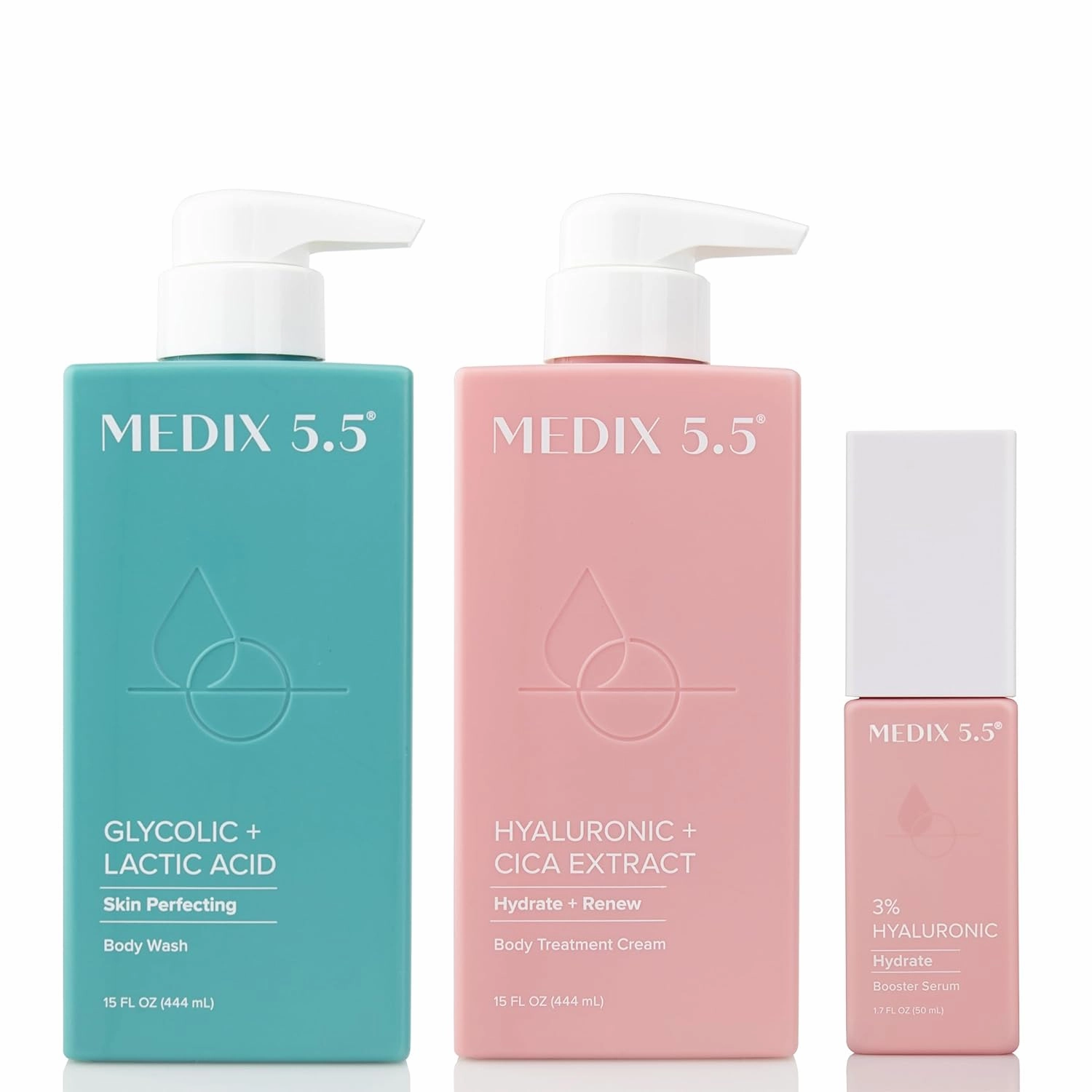 Medix 5.5 Glycolic Acid Exfoliating Body Wash   Hyaluronic Acid Hydrating Body Treatment Cream   3% Hyaluronic Acid Hydrating Serum Set