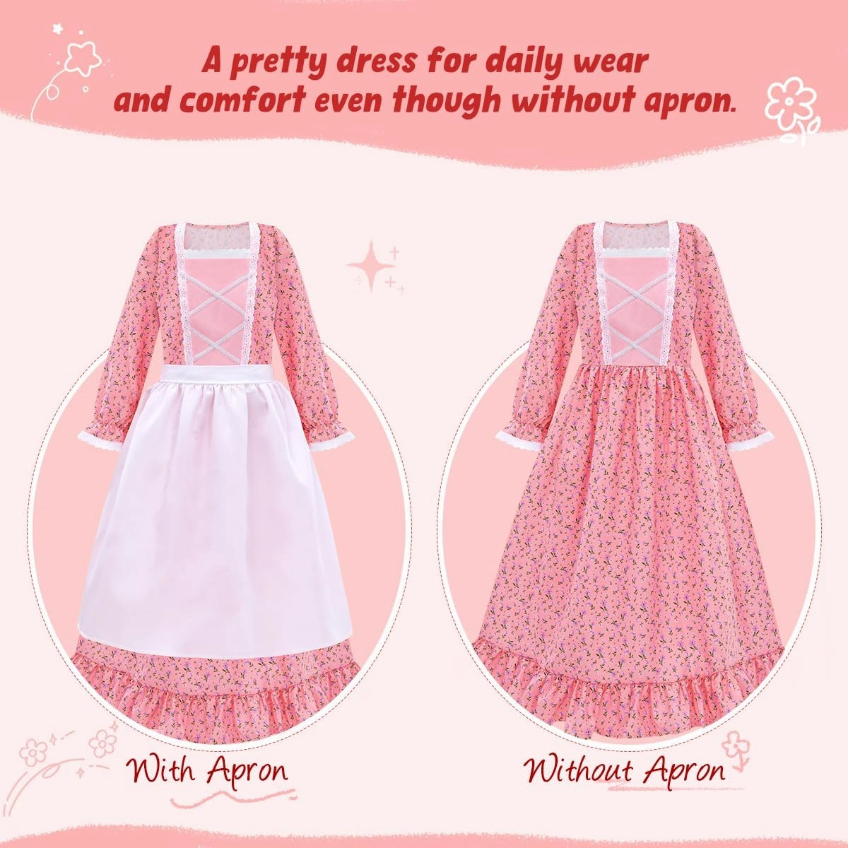 Meland Pioneer Girl Dress, Colonial Costume for Girls Age 3-12 Year Old for Dress Up & Pretend Play