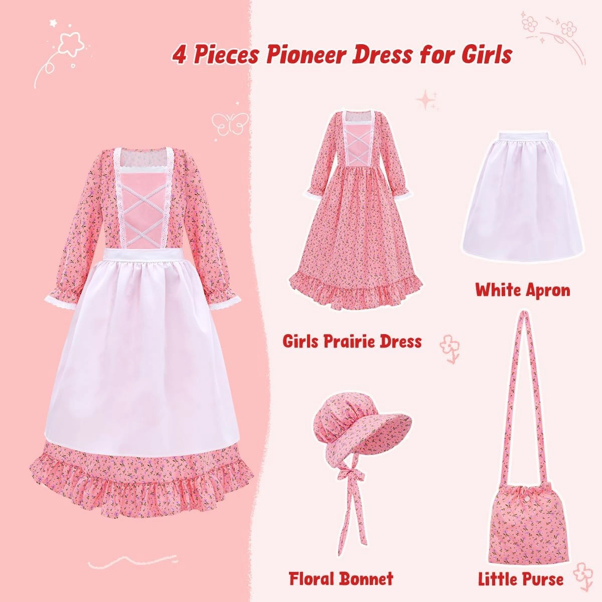 Meland Pioneer Girl Dress, Colonial Costume for Girls Age 3-12 Year Old for Dress Up & Pretend Play
