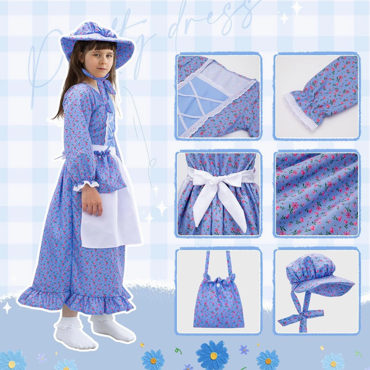 Meland Pioneer Girl Dress, Colonial Costume for Girls Age 3-12 Year Old for Dress Up & Pretend Play