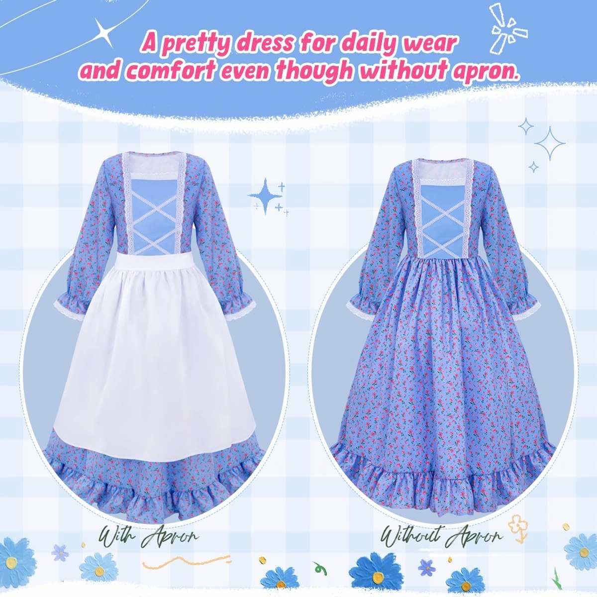Meland Pioneer Girl Dress, Colonial Costume for Girls Age 3-12 Year Old for Dress Up & Pretend Play