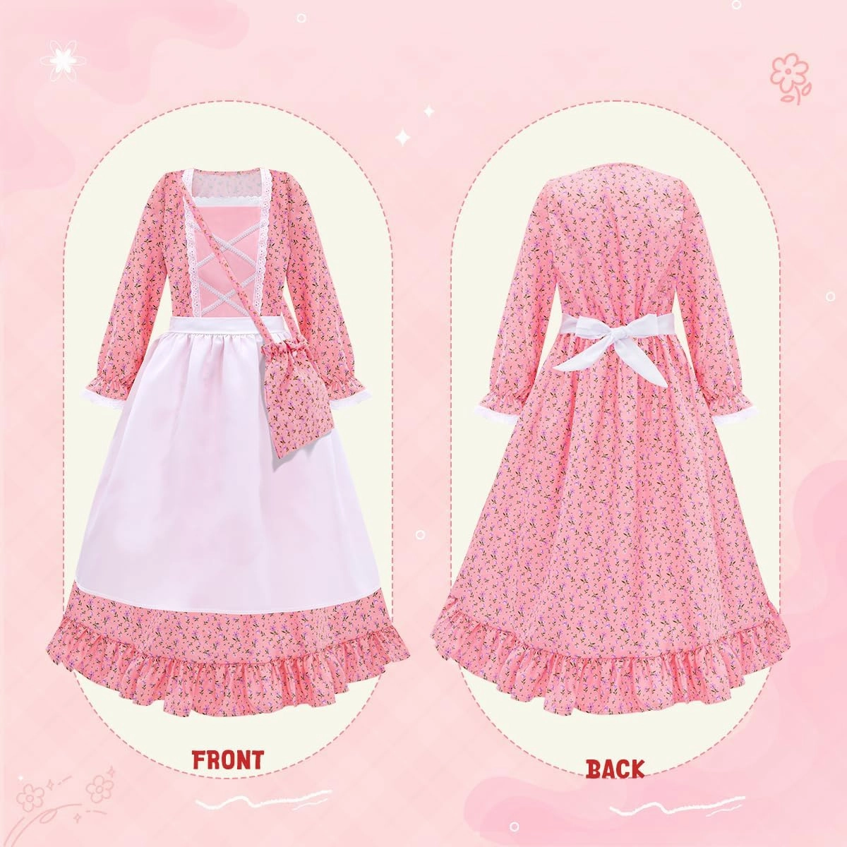 Meland Pioneer Girl Dress, Colonial Costume for Girls Age 3-12 Year Old for Dress Up & Pretend Play