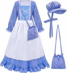 Meland Pioneer Girl Dress, Colonial Costume for Girls Age 3-12 Year Old for Dress Up & Pretend Play