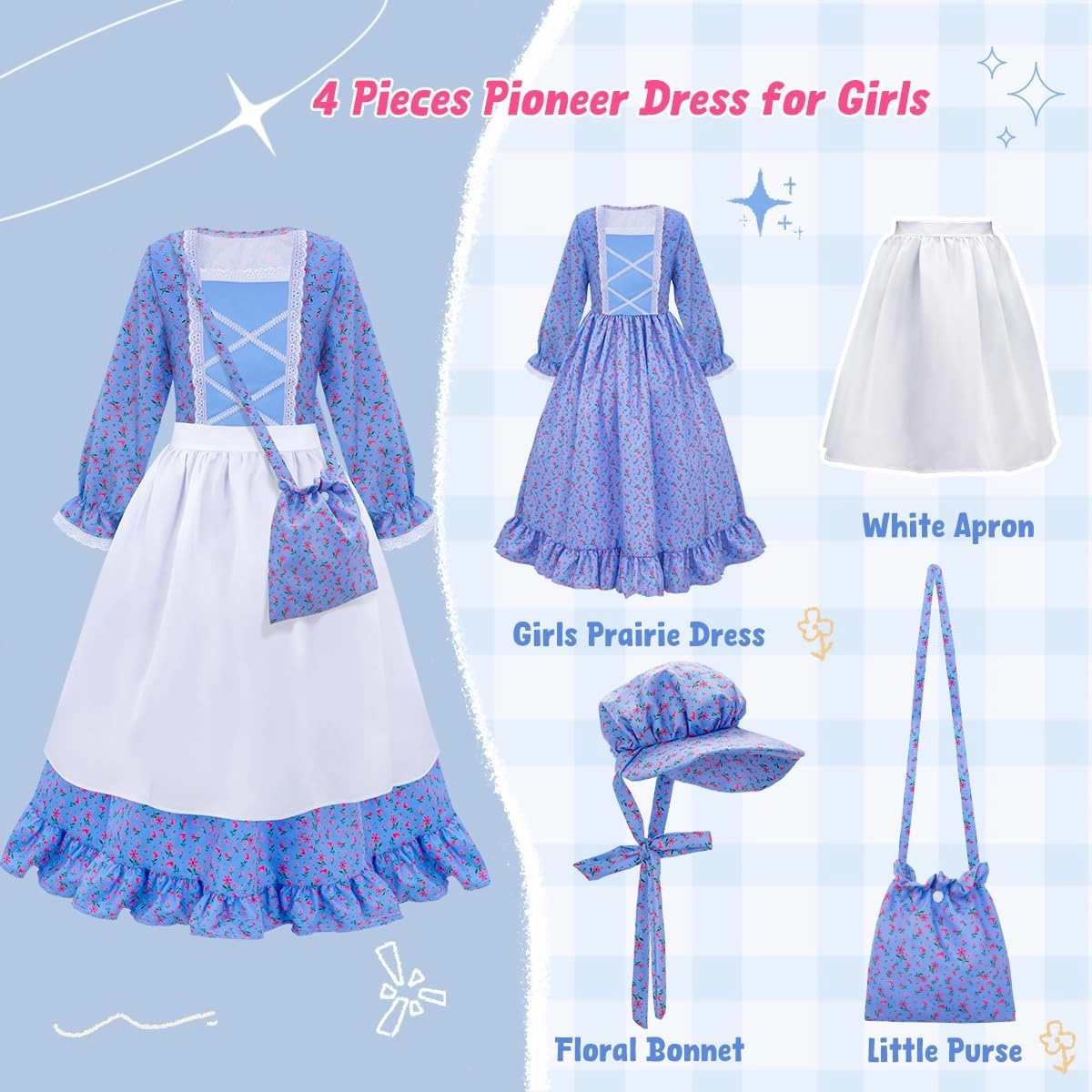 Meland Pioneer Girl Dress, Colonial Costume for Girls Age 3-12 Year Old for Dress Up & Pretend Play