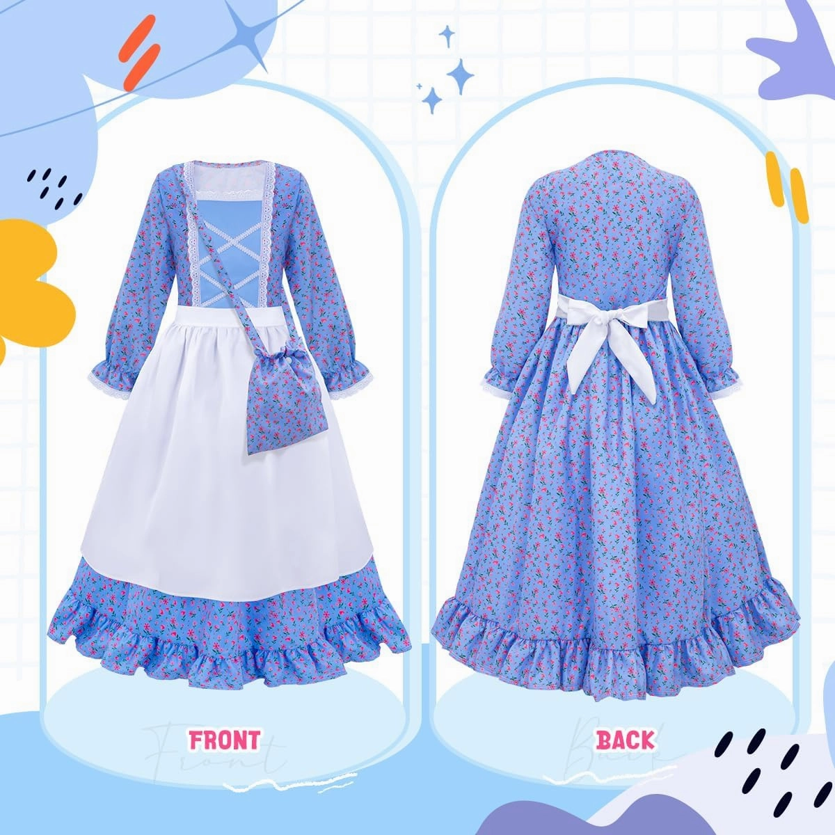 Meland Pioneer Girl Dress, Colonial Costume for Girls Age 3-12 Year Old for Dress Up & Pretend Play