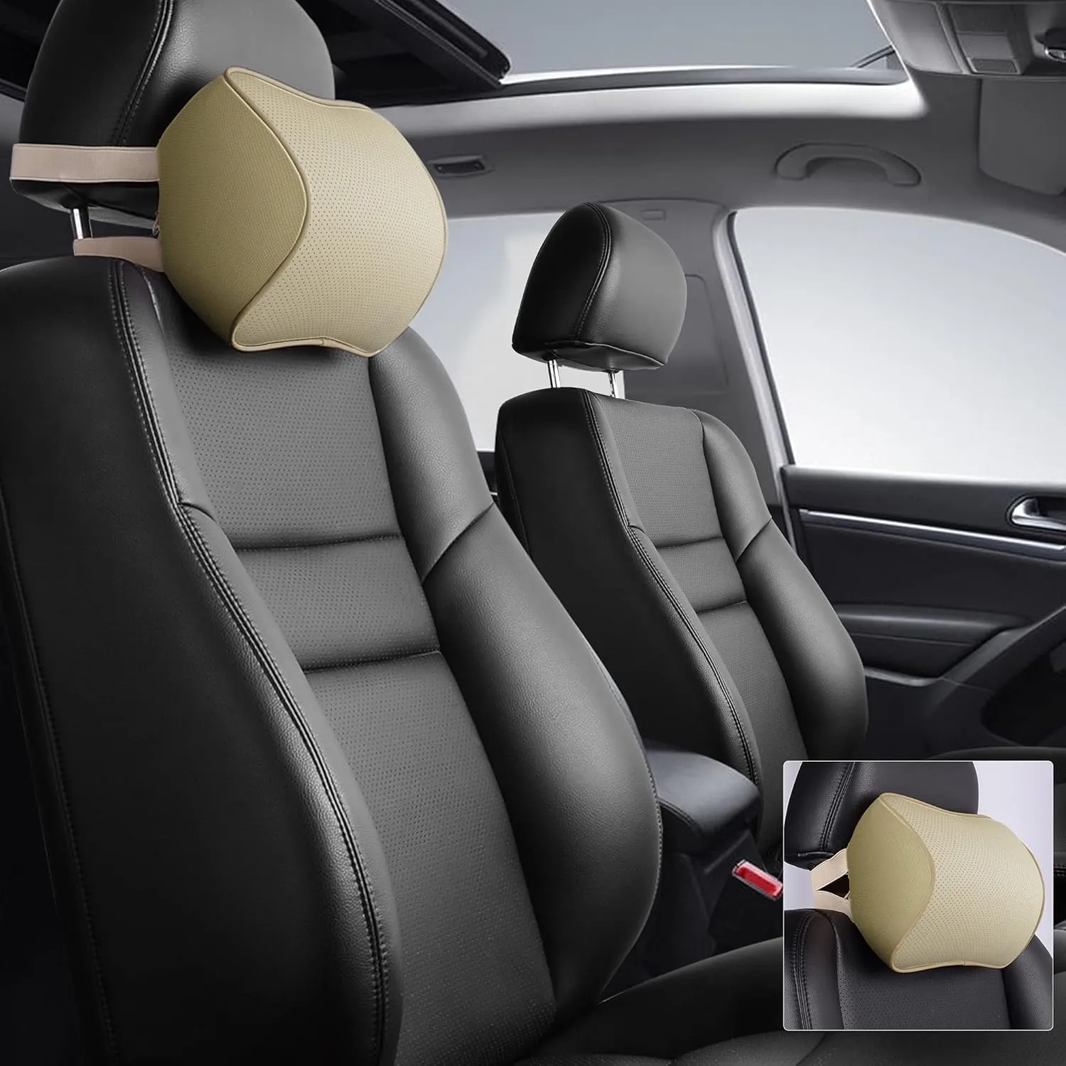 Memory Foam Car Neck Pillow Soft Leather Headrest for Driving Home Office Beige (1PC)