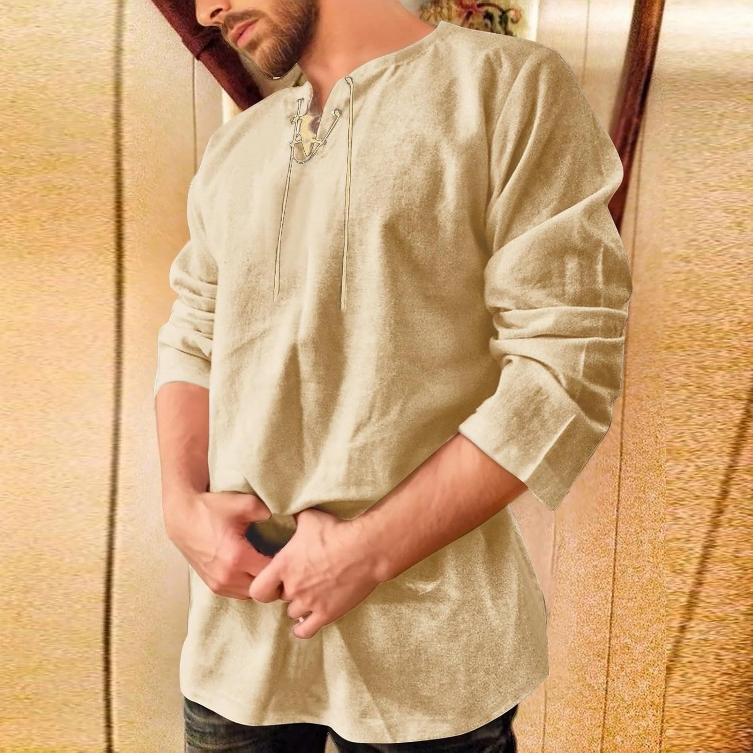 Men's Summer Shirts 3/4 Sleeved Tie The Rope Comfortable Leisure Style Blouse Comfy Fashion Trendy T-Shirts