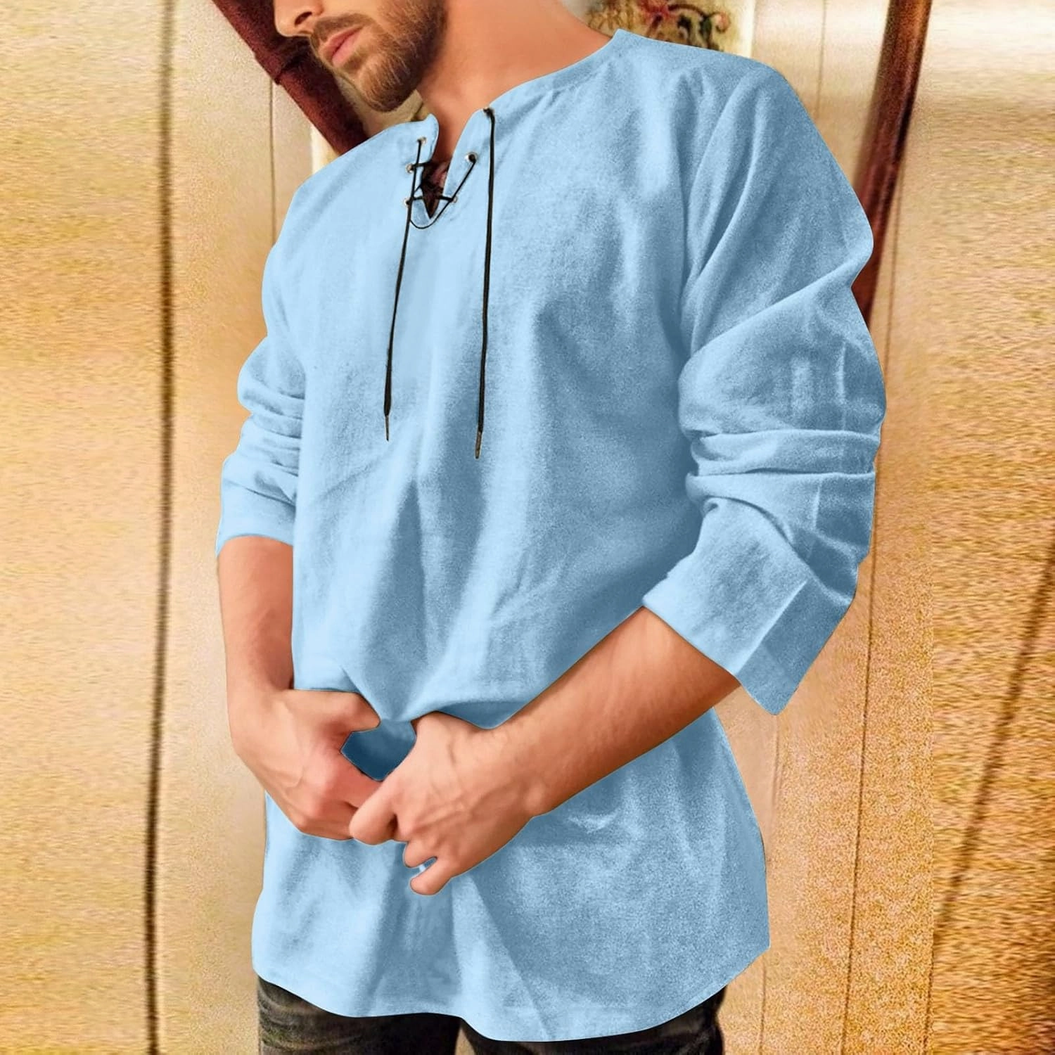 Men's Summer Shirts 3/4 Sleeved Tie The Rope Comfortable Leisure Style Blouse Comfy Fashion Trendy T-Shirts