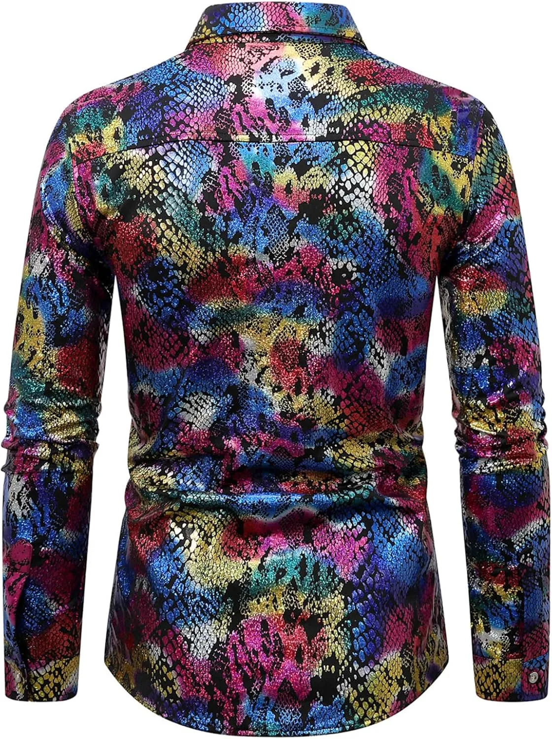 Mens 70s Disco Snakeskin Print Shirts Luxury Metallic Gold Shiny Button Down Dress Shirts Nightclub Costume
