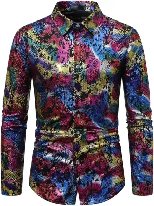 Mens 70s Disco Snakeskin Print Shirts Luxury Metallic Gold Shiny Button Down Dress Shirts Nightclub Costume