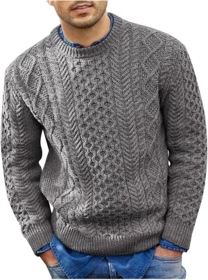 Mens Crewneck Pullover Sweater Soft Casual Waffle Textured Long Sleeve Knitted Sweaters with Ribbing Edge