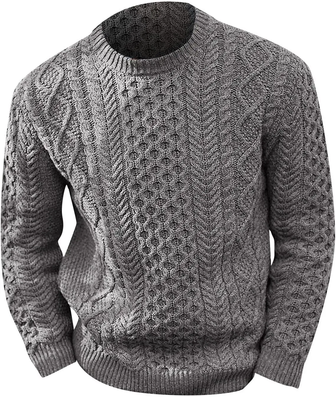 Mens Crewneck Pullover Sweater Soft Casual Waffle Textured Long Sleeve Knitted Sweaters with Ribbing Edge